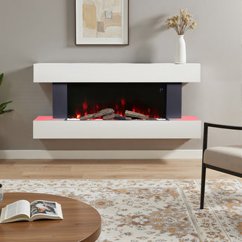 White wall-mounted electric fireplace mantel with red flame effect and log/coal bed