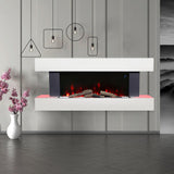 White electric fireplace mantel with red flame effect and log/coal fuel bed
