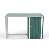 Green metal garden storage shed with single door and sloped roof, white frame.