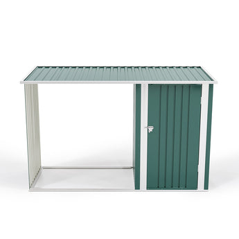 Green metal garden storage shed with single door and sloped roof, white frame.