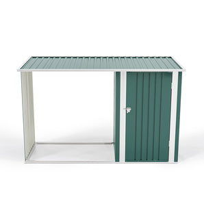 Green metal garden storage shed with single door and sloped roof, white frame.