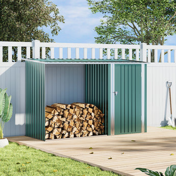 Green and charcoal metal garden storage shed with closed doors and louvered side panels.