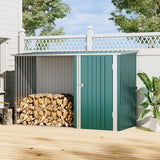 Green and charcoal metal garden storage shed with closed double doors, gable roof.