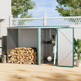 Green and charcoal metal garden storage shed with one door open, showing interior space.