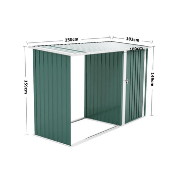 Green metal storage shed with hinged side door, open base, and ribbed panel walls