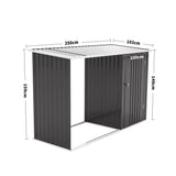 Charcoal black metal storage shed with hinged side door and vertical ribbed panel walls