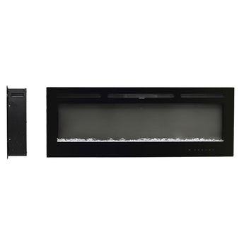 Black 70-inch wall-mounted electric fireplace insert with white faux embers, no flames