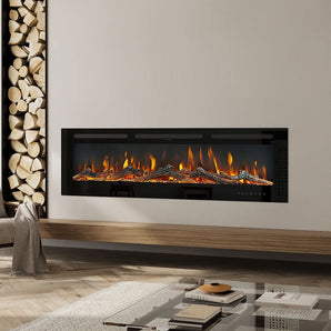 Wall-mounted electric fireplace with long flame window and black bezel trim