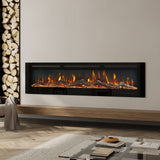 Wall-mounted electric fireplace with dark slim frame and realistic orange flame bed