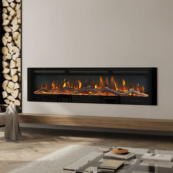 Wall-mounted electric fireplace with dark slim frame and realistic orange flame bed