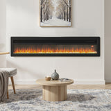 Wall-mounted electric fireplace with black surround and glowing flame effect insert.