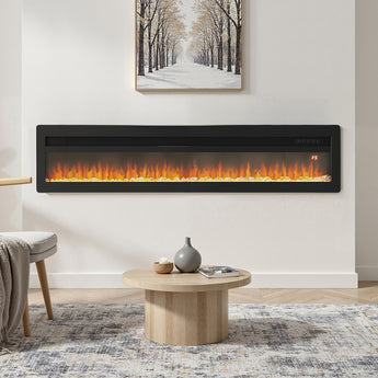 Wall-mounted electric fireplace with black surround and glowing flame effect insert.