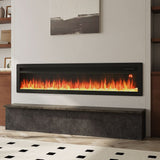 Wall-mounted electric fireplace with black frame, orange flame display in gray surround