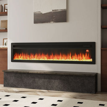 Wall-mounted electric fireplace with black frame, orange flame display in gray surround
