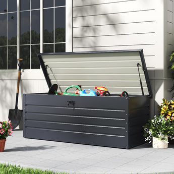 Dark gray metal storage box with open lid and lock, showing top and front panels