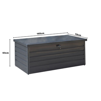 600L metal lockable waterproof garden storage box, dark gray, front with latch and handle
