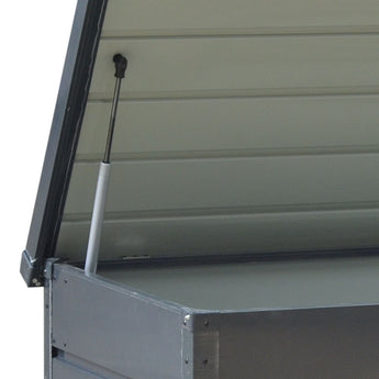 Gray metal storage box with open lid and support rod