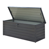 Dark gray metal storage box with open lid and central lock