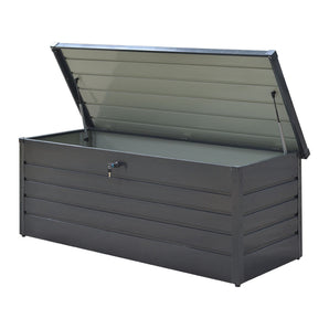 Dark gray metal storage box with open lid and central lock