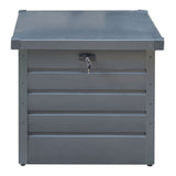 Dark gray lockable outdoor storage box with front key lock and horizontal slat panels