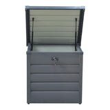 Dark gray metal storage box with open lid and water-resistant interior for garden items