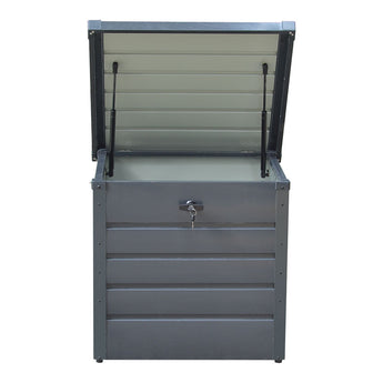 Dark gray metal storage box with open lid and water-resistant interior for garden items