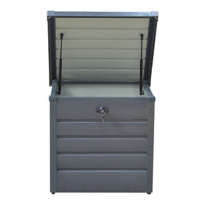 Dark gray metal storage box with open lid and water-resistant interior for garden items