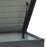 Open lid hinge and support strut on dark gray waterproof metal garden storage box