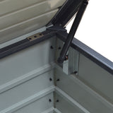 Corner interior view of dark gray storage box with lid strut and metal latch hardware