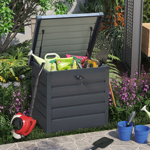 Dark gray metal lockable waterproof garden storage box, lid open with locking handle