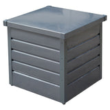 Dark gray metal garden storage box with hinged lid closed and slatted front panels