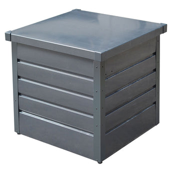 Dark gray metal garden storage box with hinged lid closed and slatted front panels