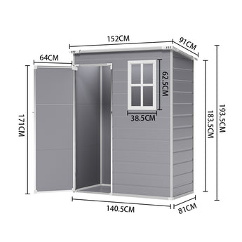 91cm depth plastic storage shed dimensions: 152cm x 140.5cm x 183.5cm (diagram)