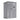 Grey plastic storage shed with white trim door and two-pane window, closed
