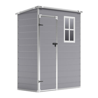 Grey plastic storage shed with white trim door and two-pane window, closed