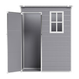 Plastic storage shed, grey: side door open showing interior and two-pane window