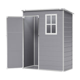 Grey plastic garden shed with door open and two-pane window on right side
