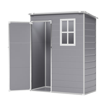 Grey plastic garden shed with door open and two-pane window on right side