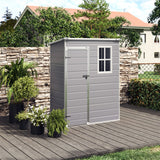 Grey lockable plastic shed with open door and two-pane window, front view