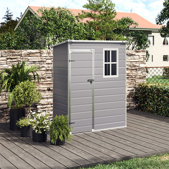 Grey lockable plastic shed with open door and two-pane window, front view