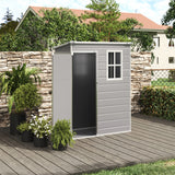 Grey plastic garden storage shed with lockable door and two-pane window