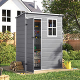 Lockable plastic garden storage shed, grey with two-pane window and open door for tools