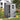 Lockable plastic garden storage shed, grey with two-pane window and open door for tools
