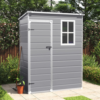 Grey lockable plastic storage shed with white frame door and two-pane window