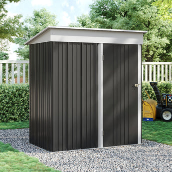 3 x 5 metal storage shed, dark gray vertical panels, double doors closed, white trim.