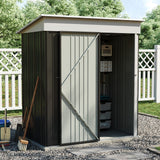 3 x 5 metal storage shed with shelves, dark gray walls, double doors open wide.