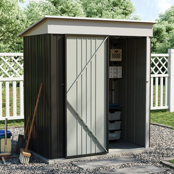 3 x 5 metal storage shed with shelves, dark gray walls, double doors open wide.
