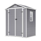 Plastic garden storage shed side view with double doors and wall window detail