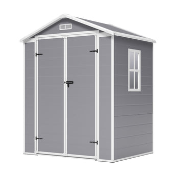Plastic garden storage shed side view with double doors and wall window detail