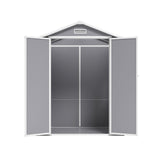 Plastic storage shed with double doors open, interior empty shelf and vertical divider